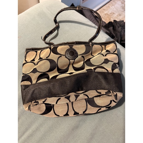 Coach Signature Canvas Shoulder Bag w Matching Wallet Turnlock Black Tan - Picture 9 of 10